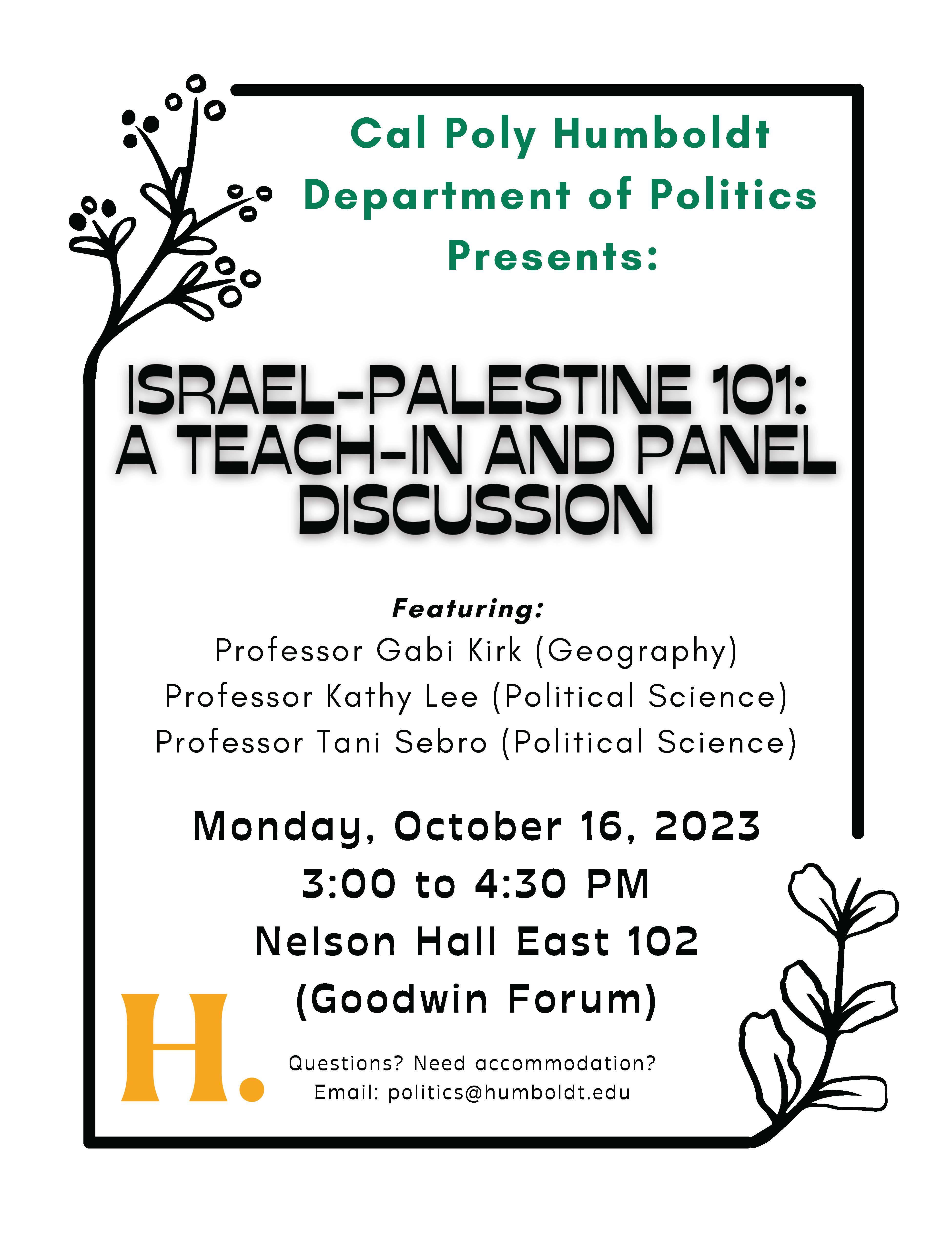 Israel-Palestine 101 teach-in, Oct. 16, 3-4:30pm, NHE 102